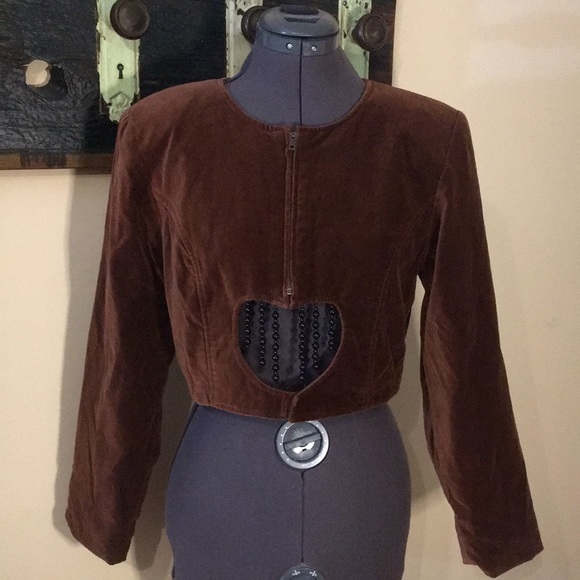 Vintage Jump Velvet Brown Jacket with Beaded Heart Cut Out Size Small - Picture 6 of 14